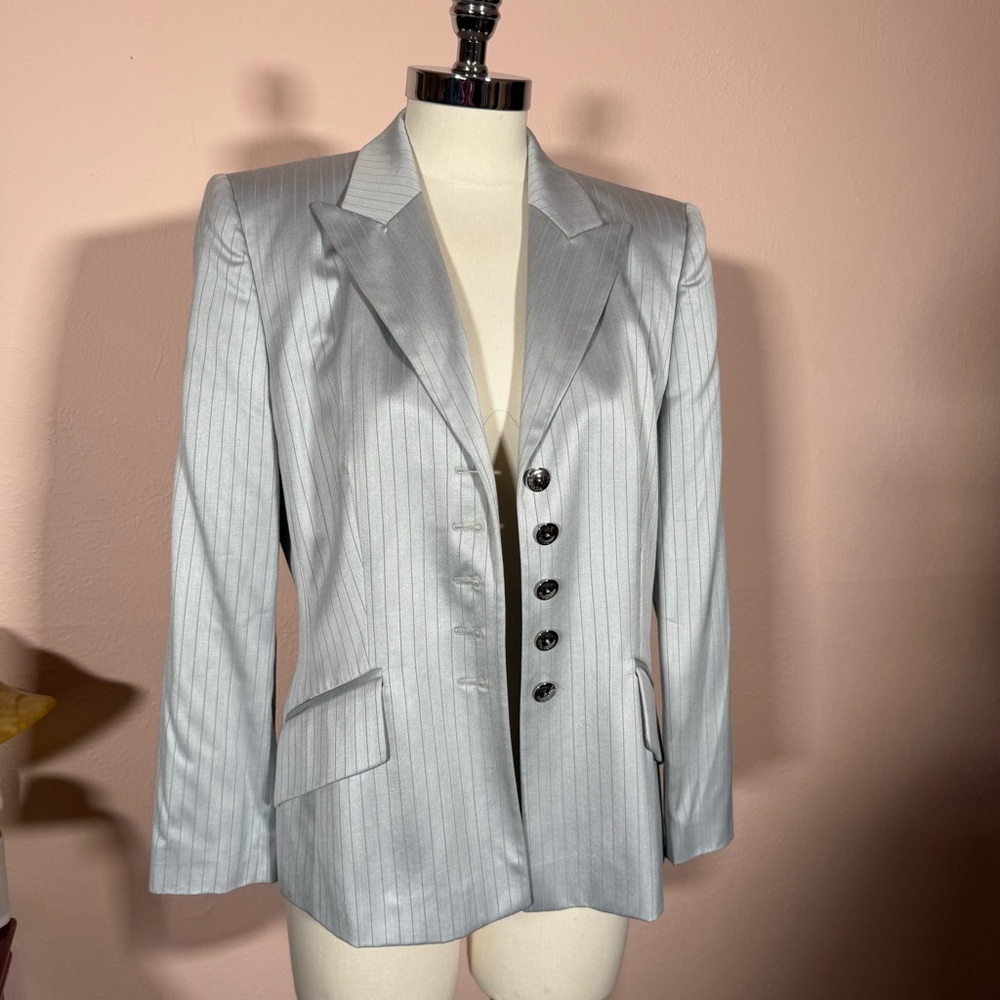 Escada Vintage 1990 Grey Pinstriped silk wool five button blazer power shoulders